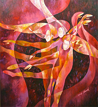 An oil painting of three figures overlapping.