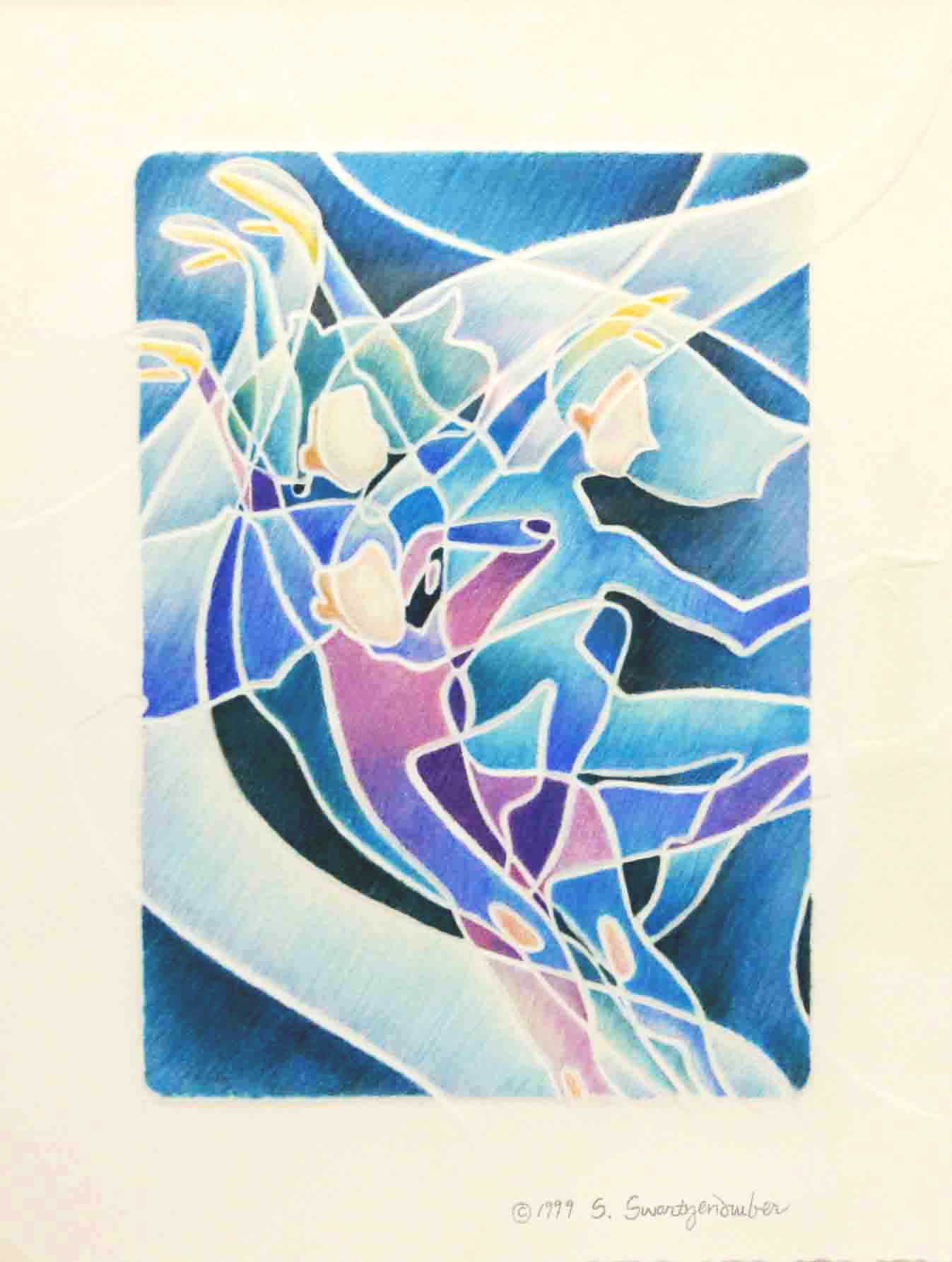 An embossed pastel drawing of three figures.
