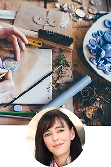 crafts behind brunette woman smiling