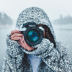 Snow hoody with camera pointed at camera