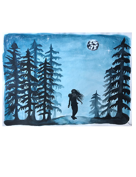 ink, girl walking in the blue woods in the night