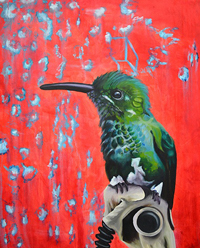 hummingbird standing on gas mask