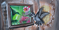 A grey hummingbird in a gas mask in an old, dirty room looks at at a mirror with a vibrant reflection of a green hummingbird in the forest