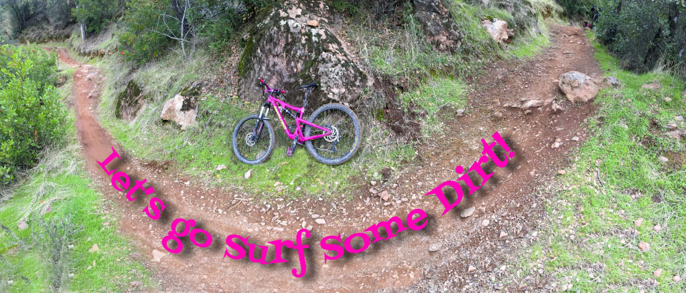 Img of a hot pink mountain bike on the trail