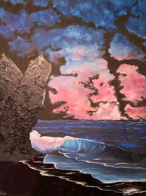 Darkly painted beach with crashing wave at sunset.