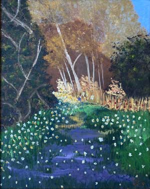 Painting of a path through the forest at spring time with brown leaves, white flowers, and green grass.