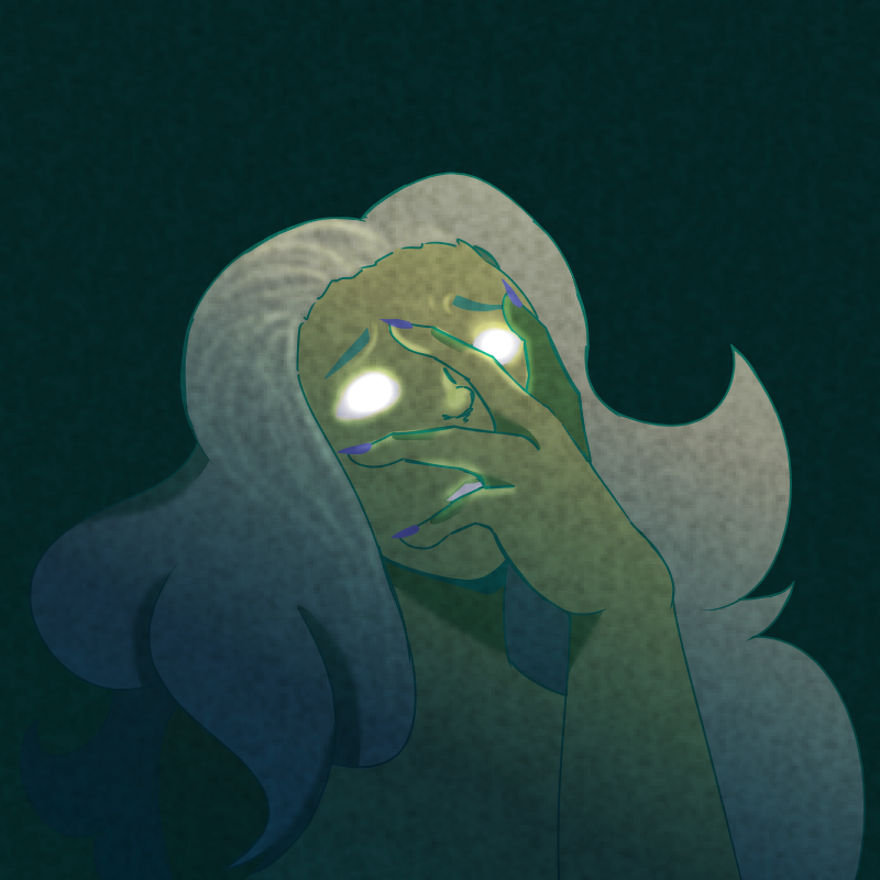 a drawing of a girl with glowing eyes holding her face.