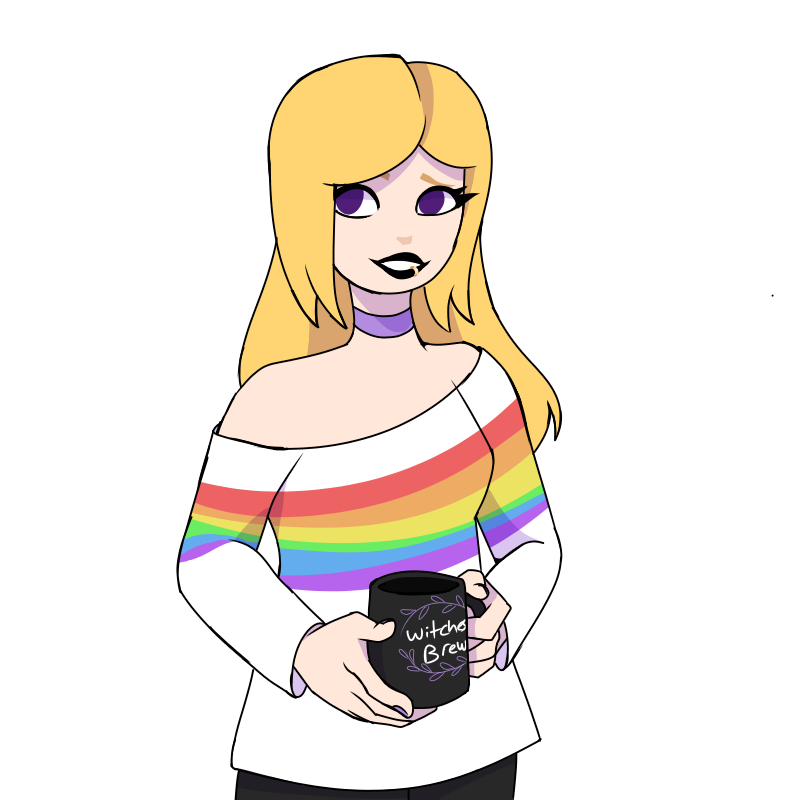 Emma in a white sweater with a pride flag across it