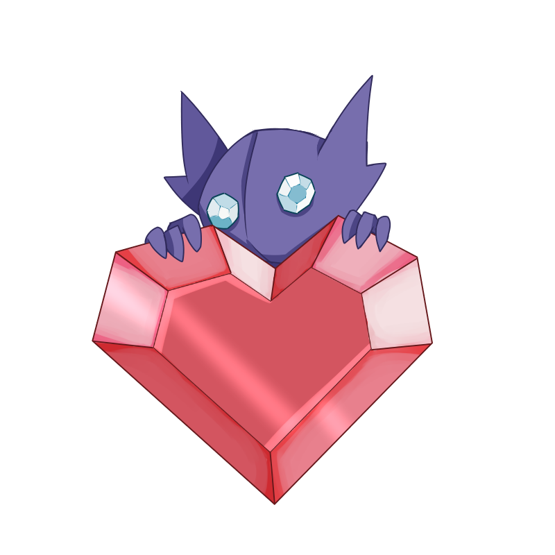 Pokemon Sableye with a large heart shaped crystal