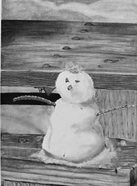 A black and white charcoal drawing of a small snowman sitting on a wooden bench.