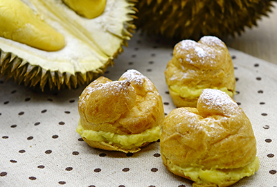 Durian puffs on a dotted background