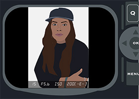 This is a portrait of a girl, as if she is inside of a camera.