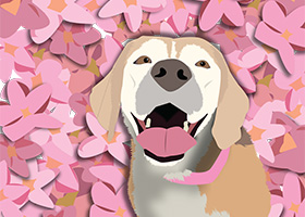 This is a portrait of a dog, with a floral background.