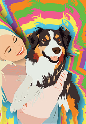 This is a portrait of a girl holding her dog, with a tie-dyed background.