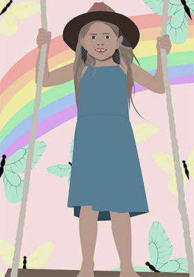 This is a portrait of a little girl on a swing. The background has butterflies and a rainbow.