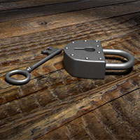 A 3d modeled scene of a lock and key sitting on a wooden table