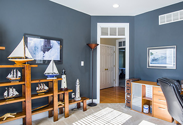 Study room with mid-dark gray blue walls