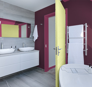 Bathroom with yellow door, purple walls, and pink maroon trim