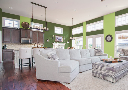 Dark green with light green stripes in a kitchen and living room