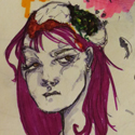 Perplexed face, pink-haired woman with green brain exposed.