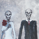 Skeleton husband and wife on grey background.