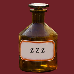 potion bottle marked ZZZ, a sleeping potion with a red background