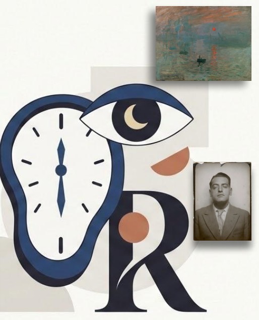 Composite of surrealism image, 
               impressionist painting, and man in dream like state