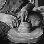 Charcoal drawing of a potter making a pot