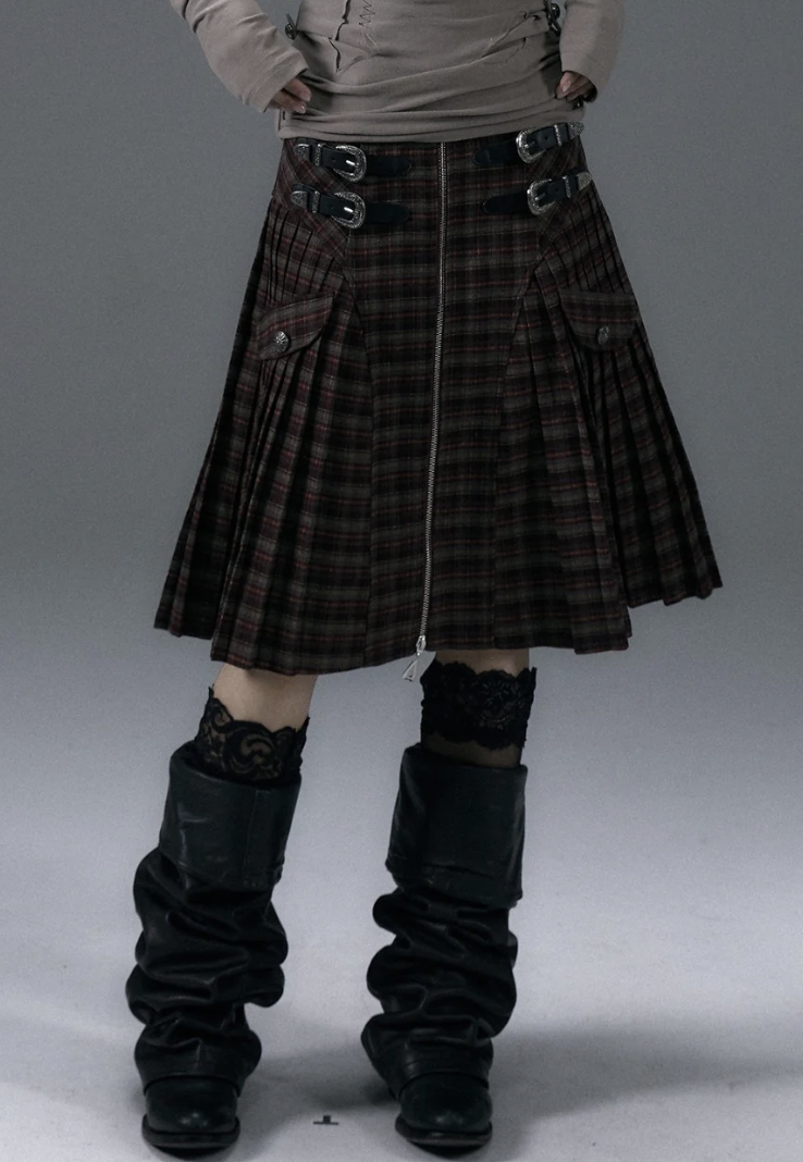 red and grey plaid midi skirt with large buckles on the side