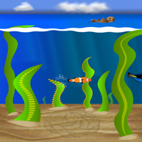 Screen showing above and below water with an otter, a clownfish, and the tail of a blue tang