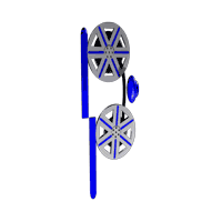 Two film reels in the shape of a p rotating behind a lens