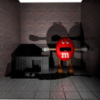 Three brick walls and tile floor cubical with a small structure, a lightsaber, and the red m&m character in it