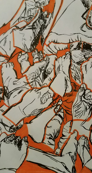ink drawing of many hands and feet.