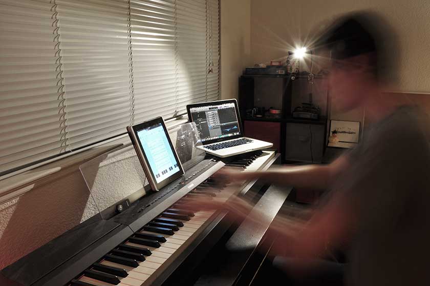 Motion snapshot of one of our team members recording a composition.